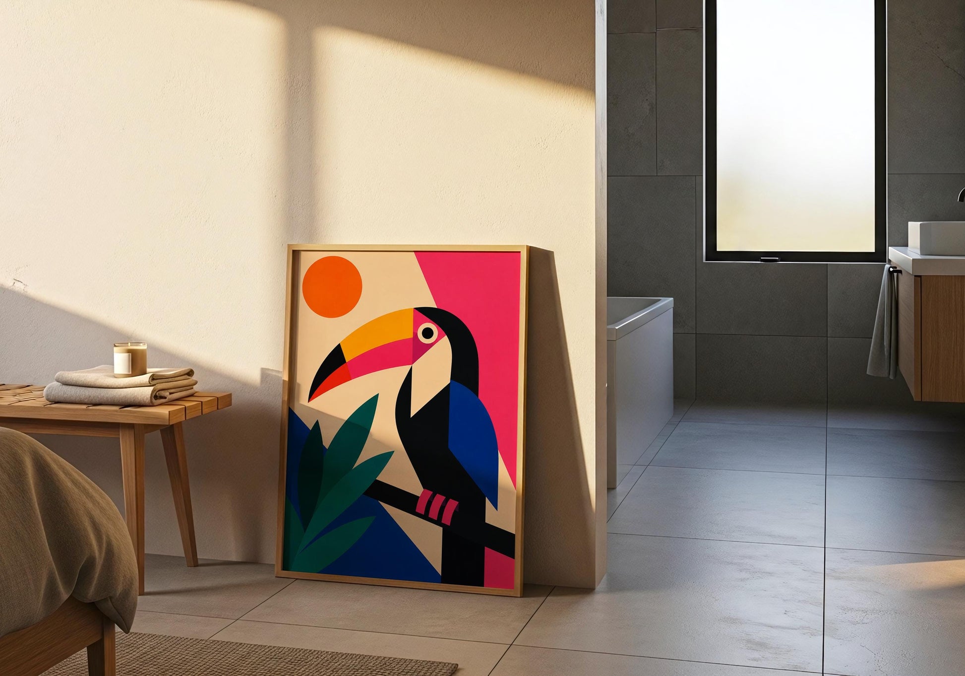 Colourful toucan poster combining tropical wildlife with modern geometric art styling.