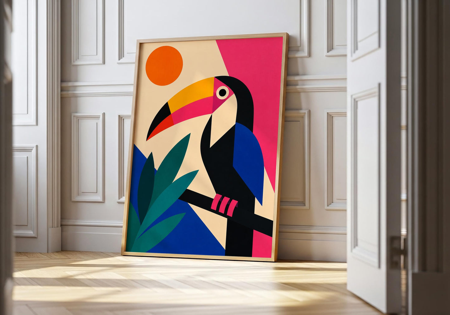 Colourful geometric toucan wall art print featuring pink, blue and orange tones in a modern tropical style.