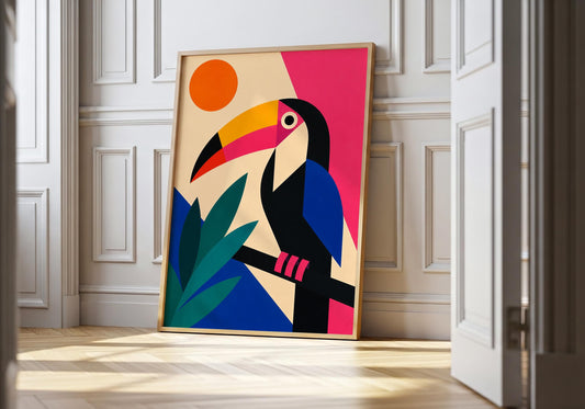 Colourful geometric toucan wall art print featuring pink, blue and orange tones in a modern tropical style.