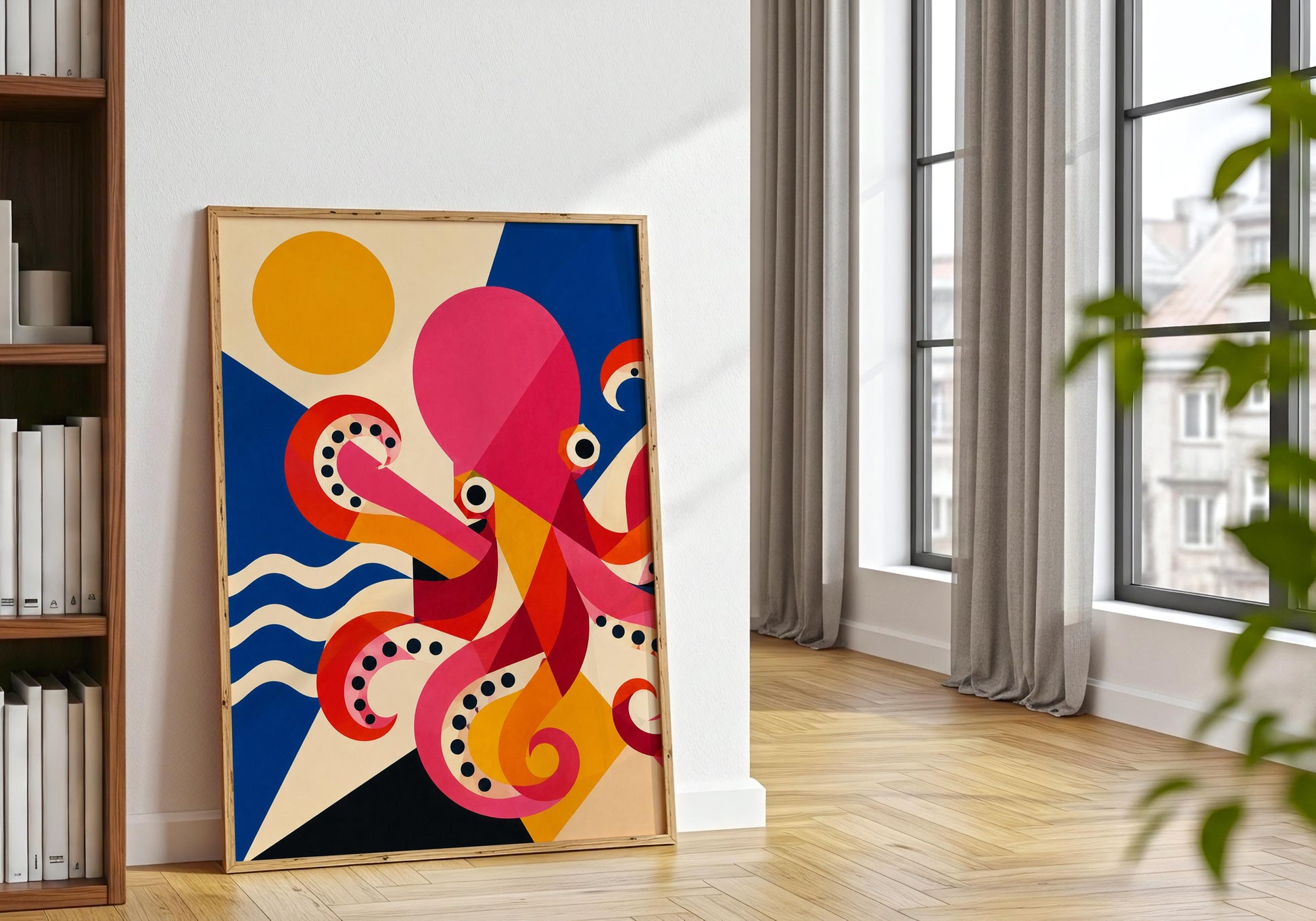 Abstract octopus poster with bright coastal colours perfect for beach house decor.