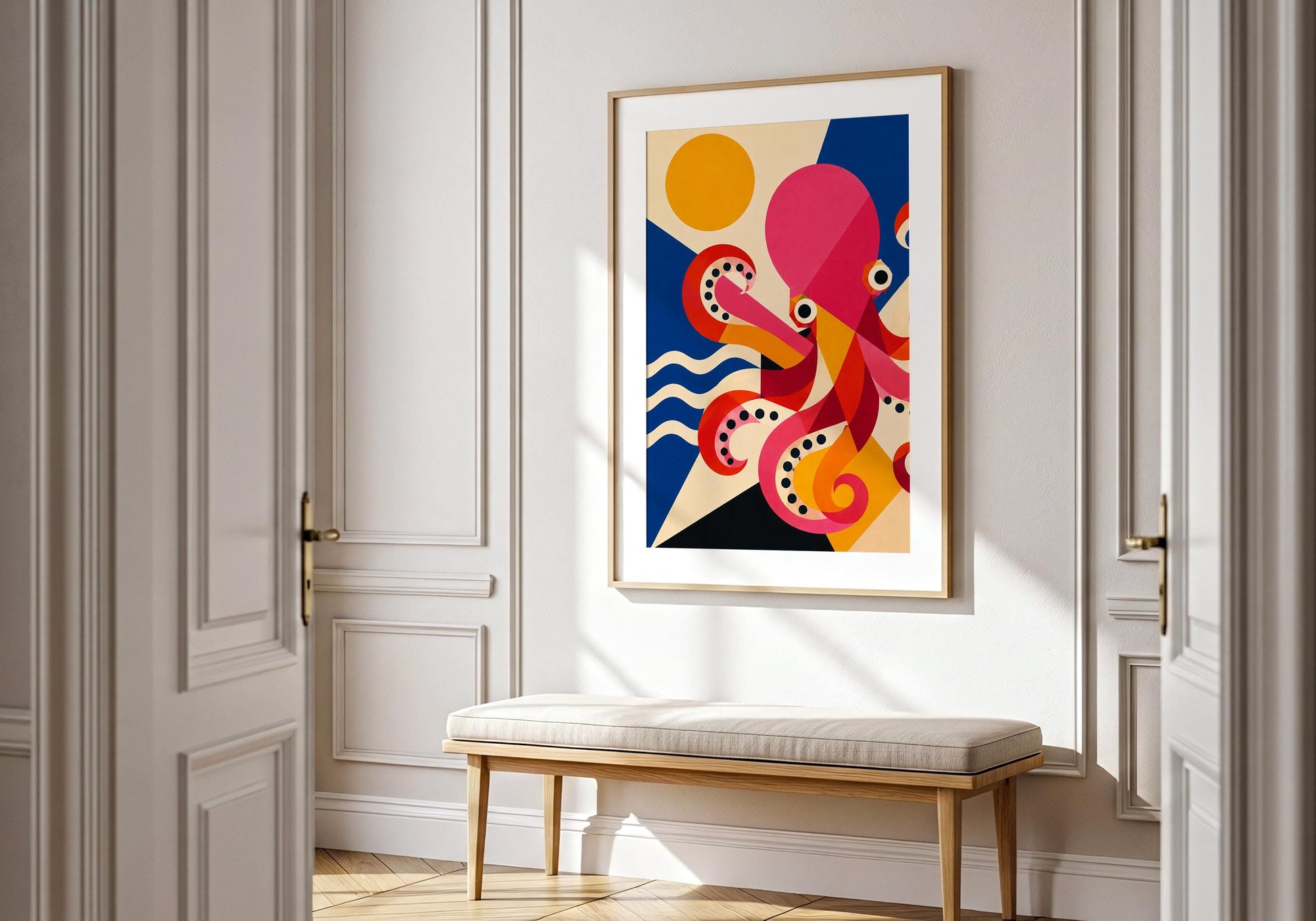 Coastal marine life artwork showcasing an abstract octopus surrounded by ocean-inspired design.