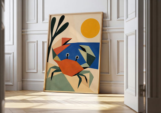 Geometric crab wall art print featuring coastal colours and modern seaside design.