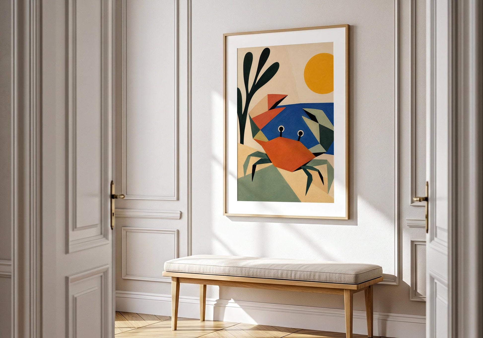 Nautical wall decor with geometric crab illustration and ocean-inspired colours.