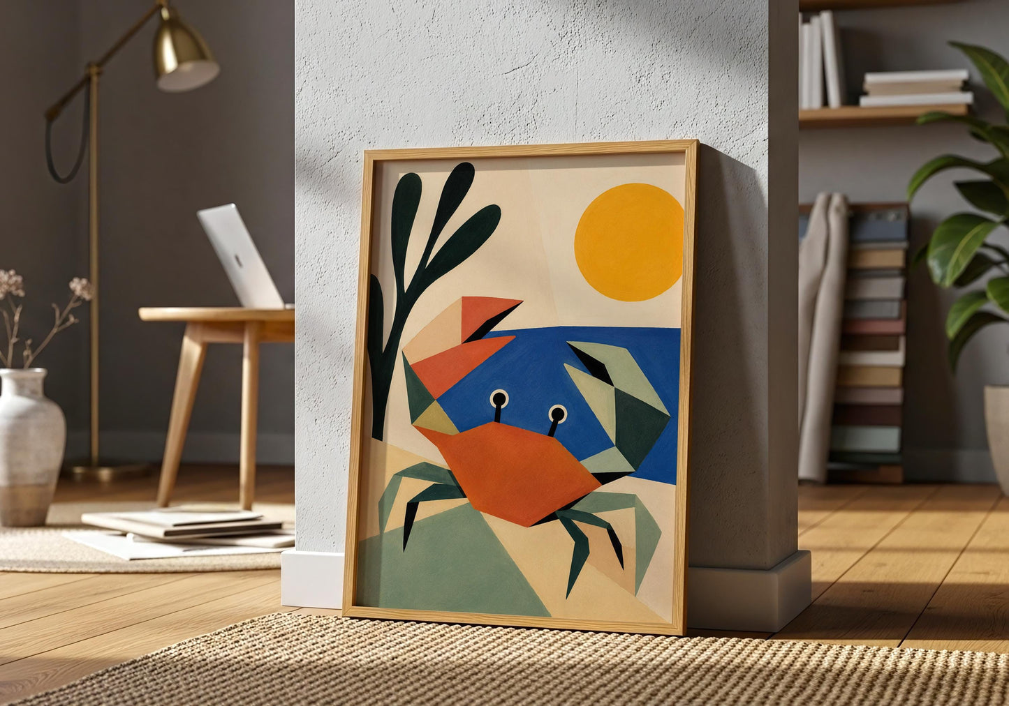 Coastal cottage wall art featuring an abstract geometric crab on a sandy shoreline.