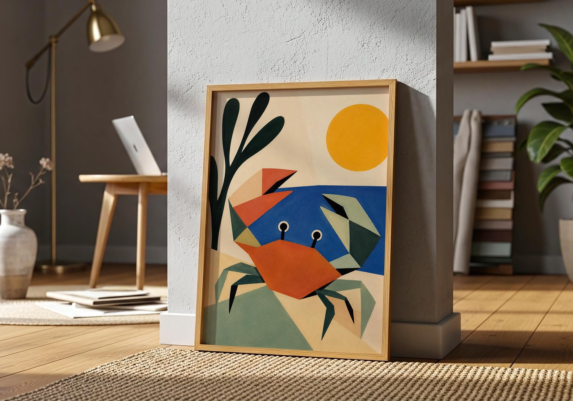 Coastal cottage wall art featuring an abstract geometric crab on a sandy shoreline.