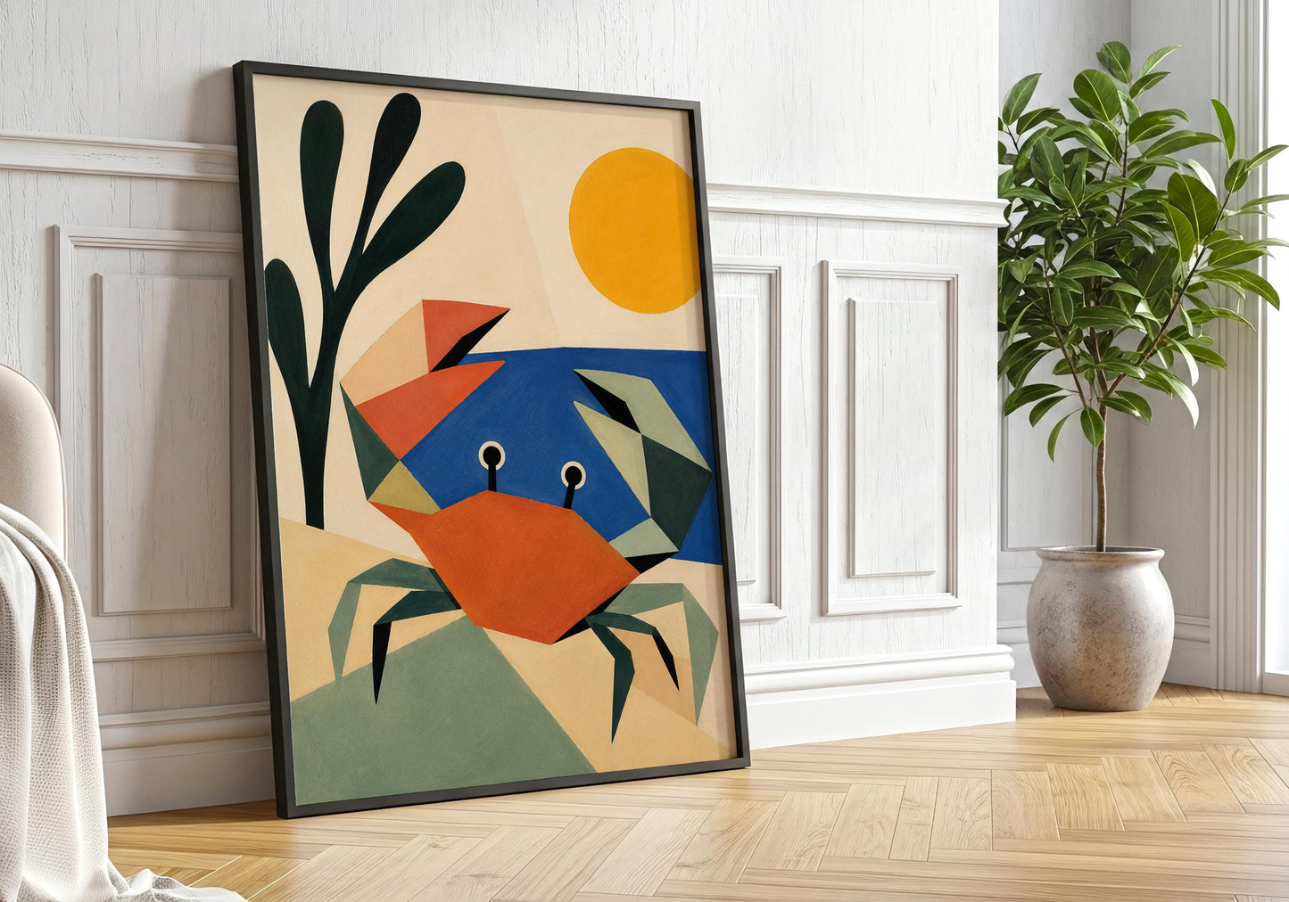 Modern crab artwork inspired by beach life and contemporary coastal decor.