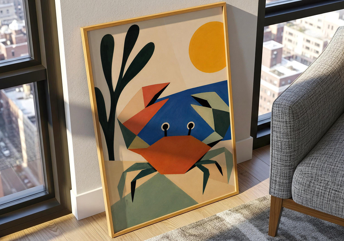 Contemporary seaside artwork featuring a coastal crab beneath a bright summer sun.