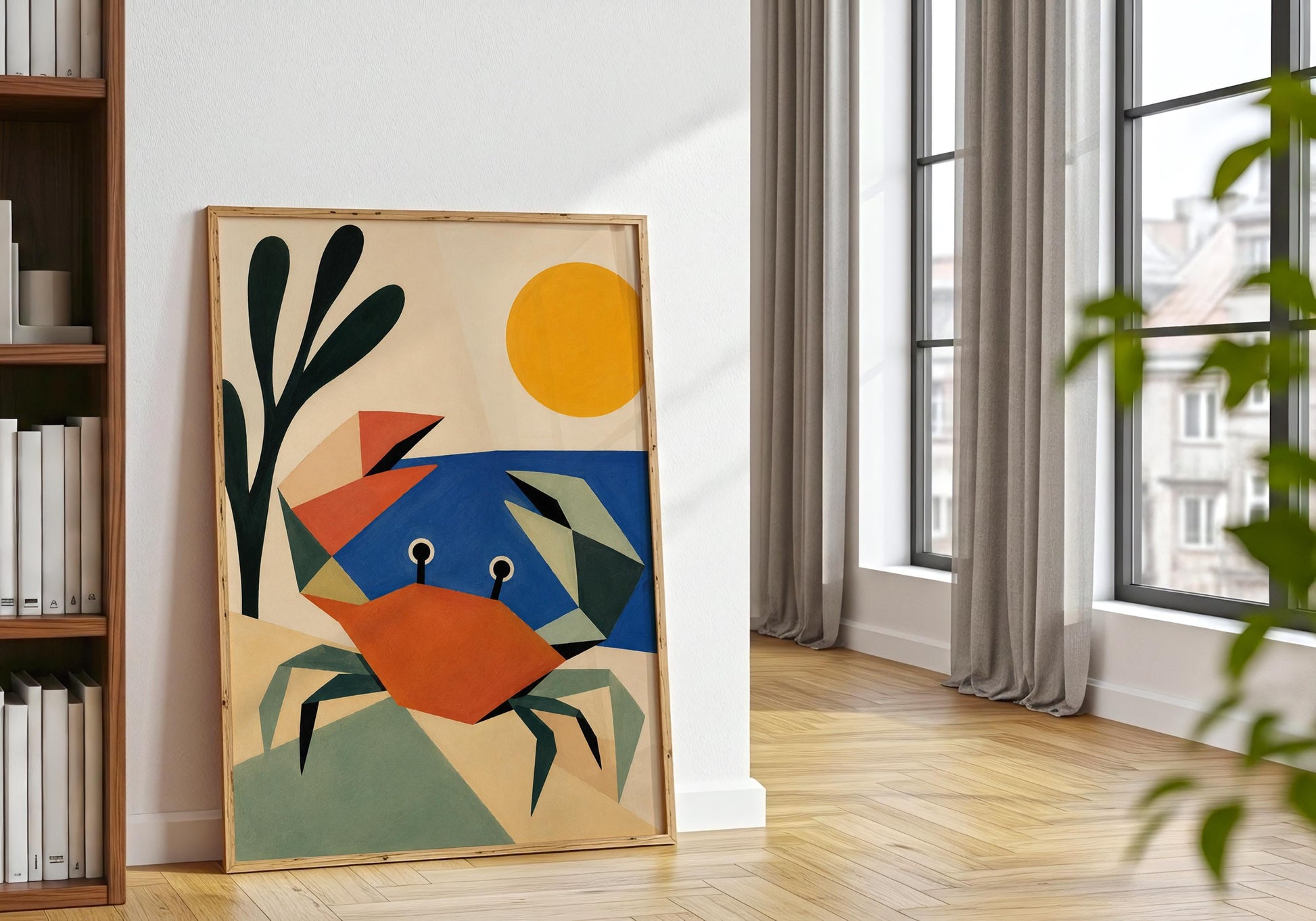 Abstract crab artwork perfect for coastal bathrooms, kitchens, and living spaces.