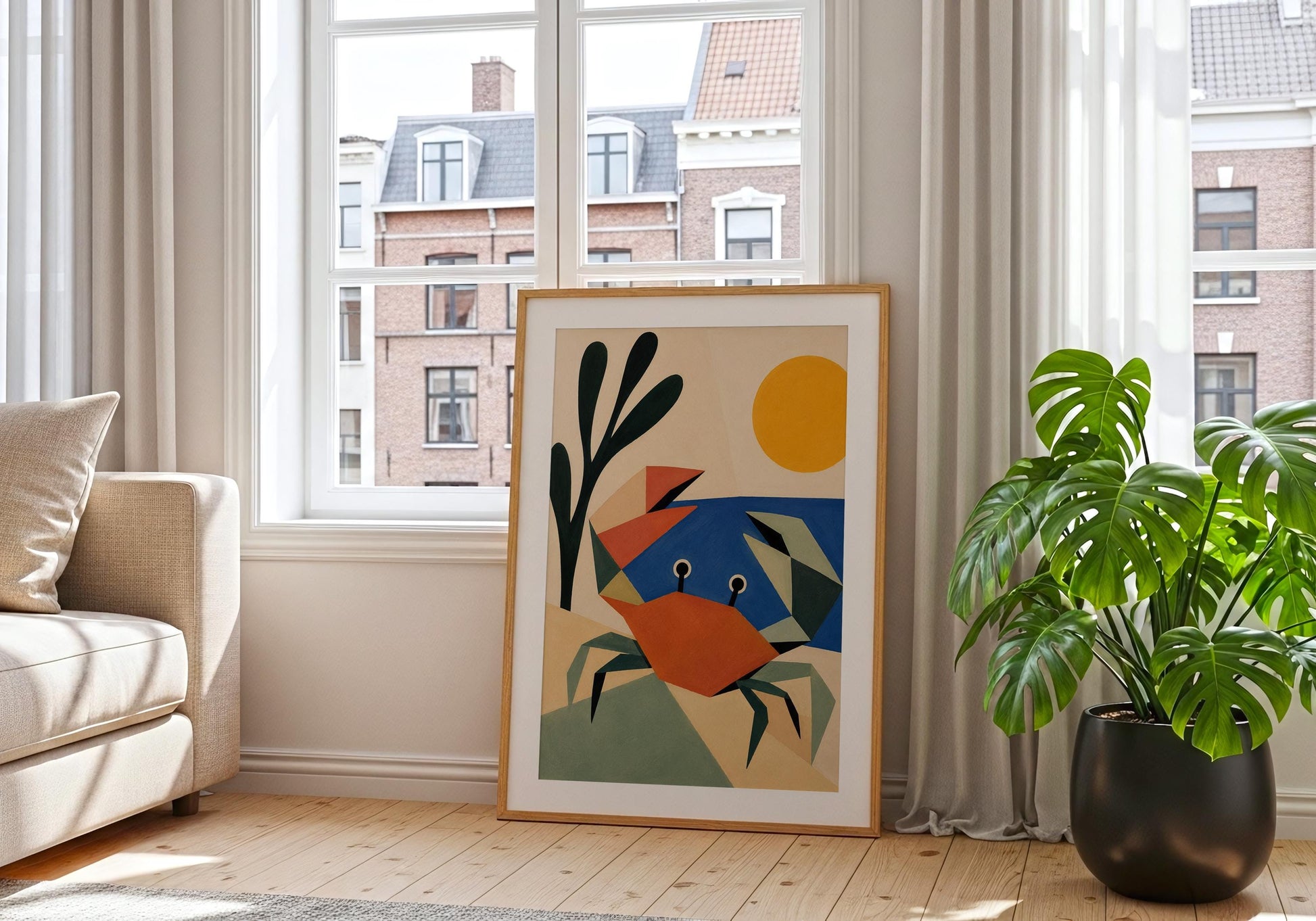 Seaside wall art featuring a geometric crab with bold modern design elements.