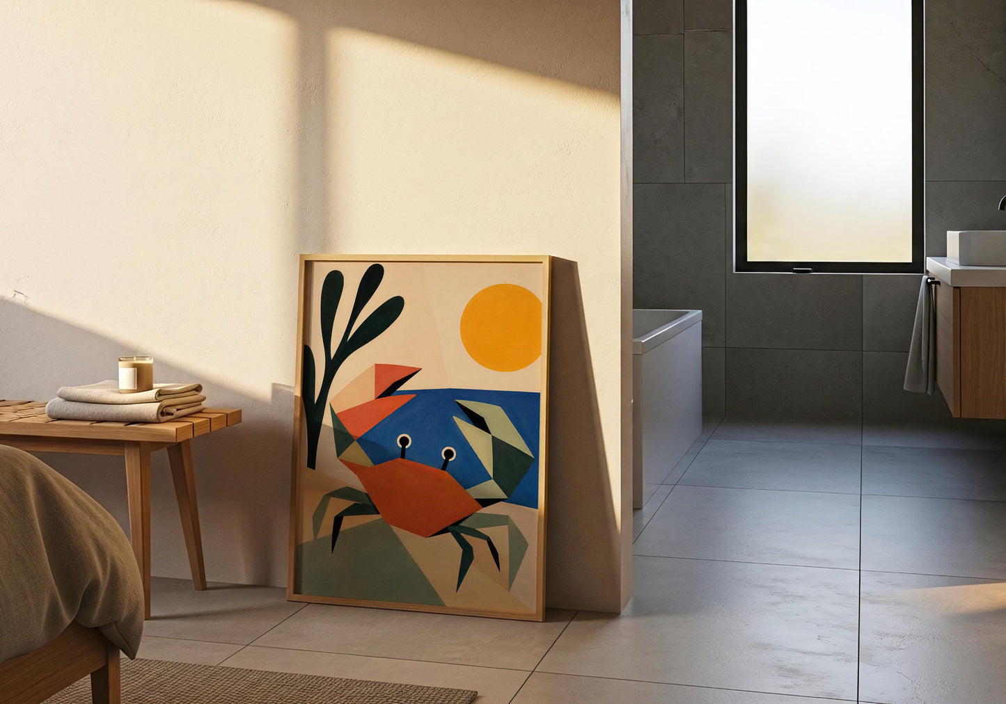 Modern coastal animal art print designed for beach homes and seaside cottages.