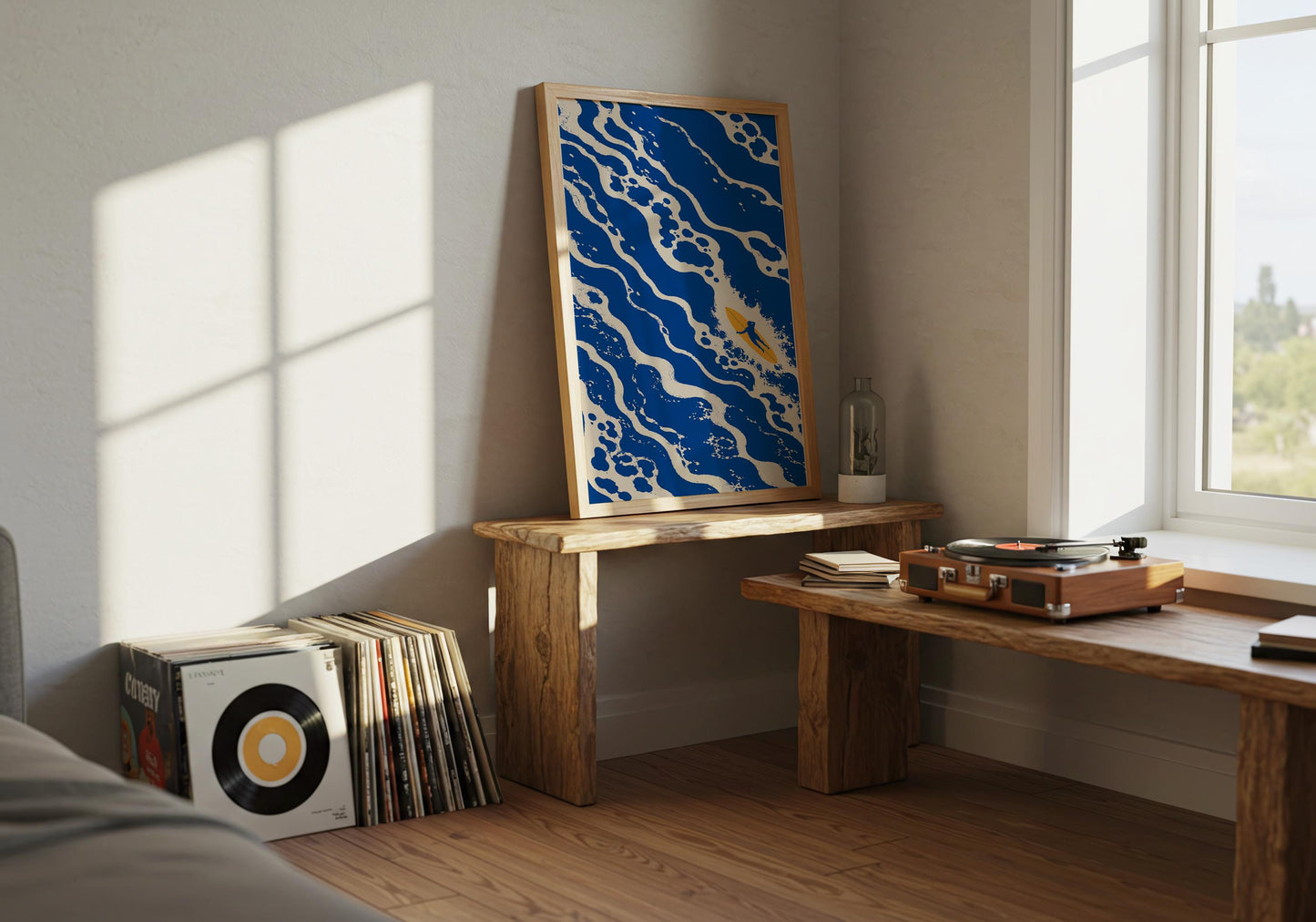 Large surf art print with abstract wave and surfer silhouette