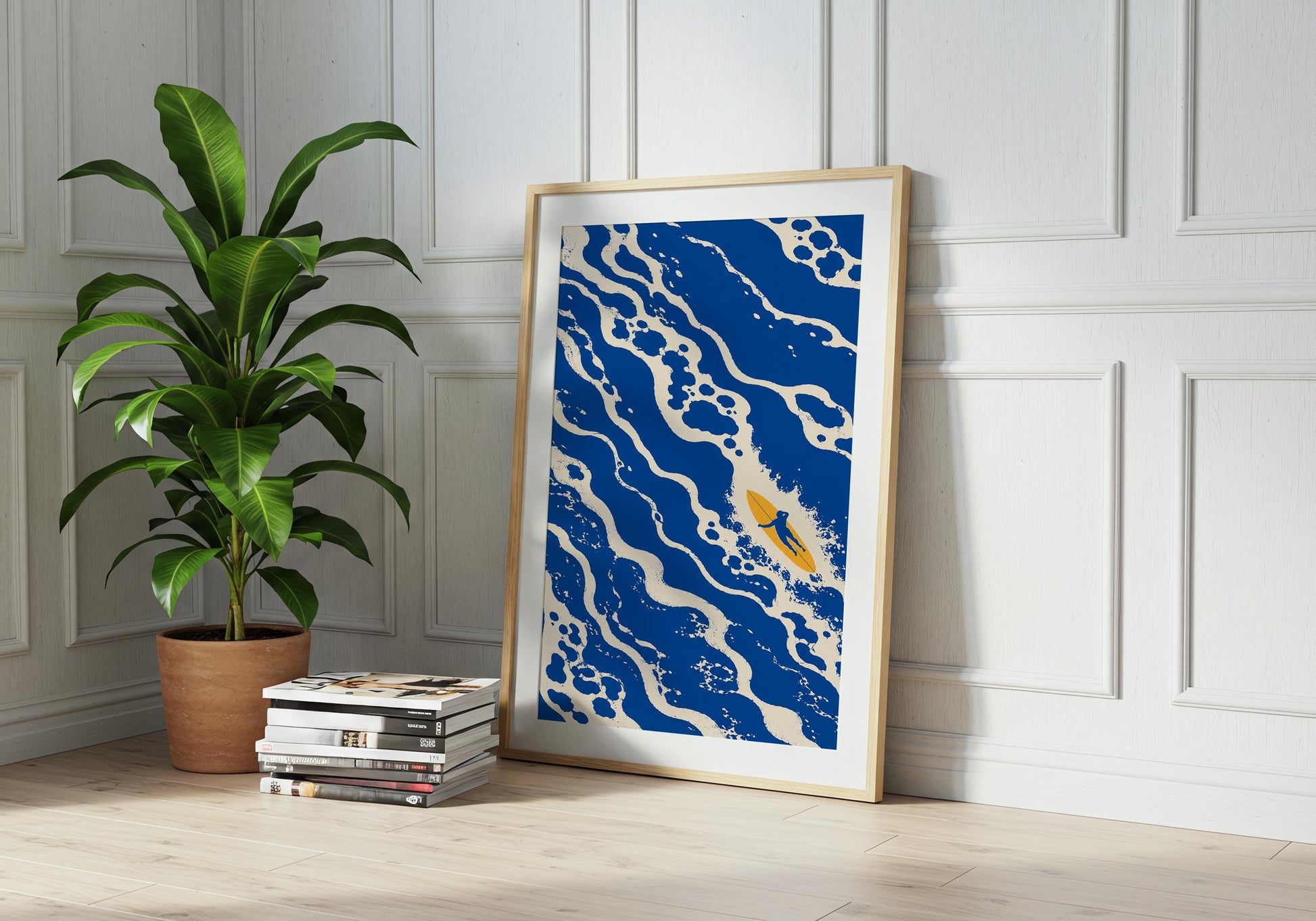 Contemporary surfer print with textured blue water patterns