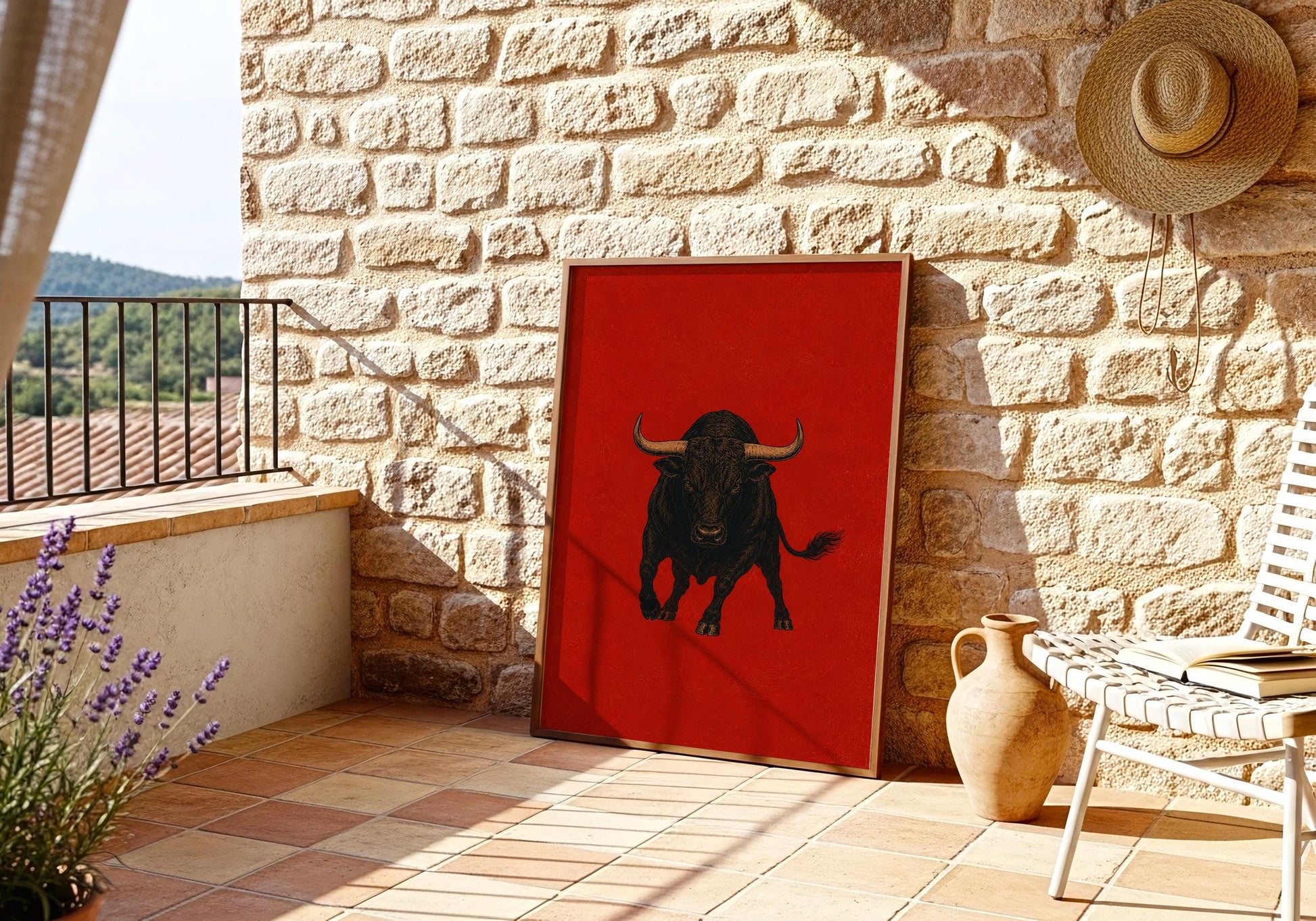 Bold black bull wall art with red backdrop for Mediterranean living rooms