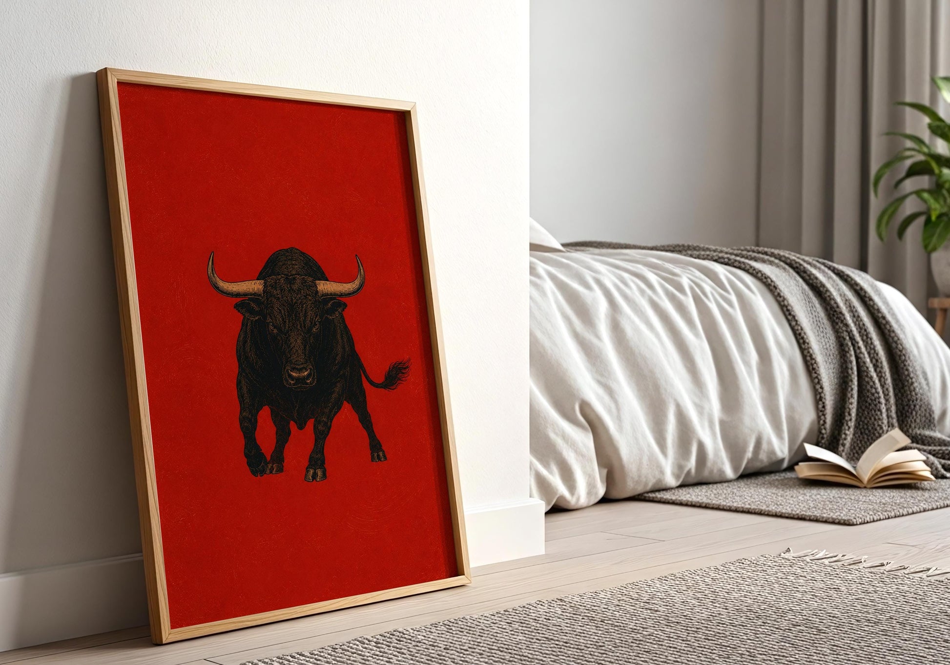 Mediterranean wall decor featuring a striking black bull on crimson red