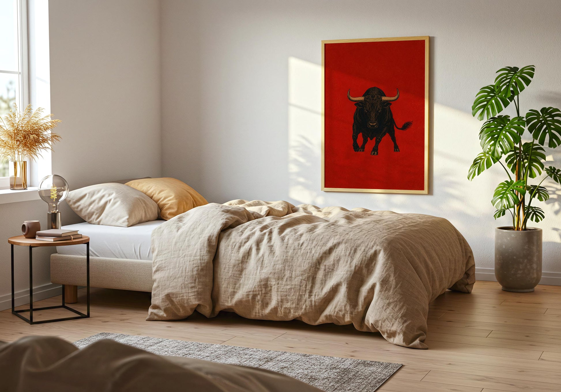 Luxury Spanish decor artwork showcasing a powerful charging bull illustration