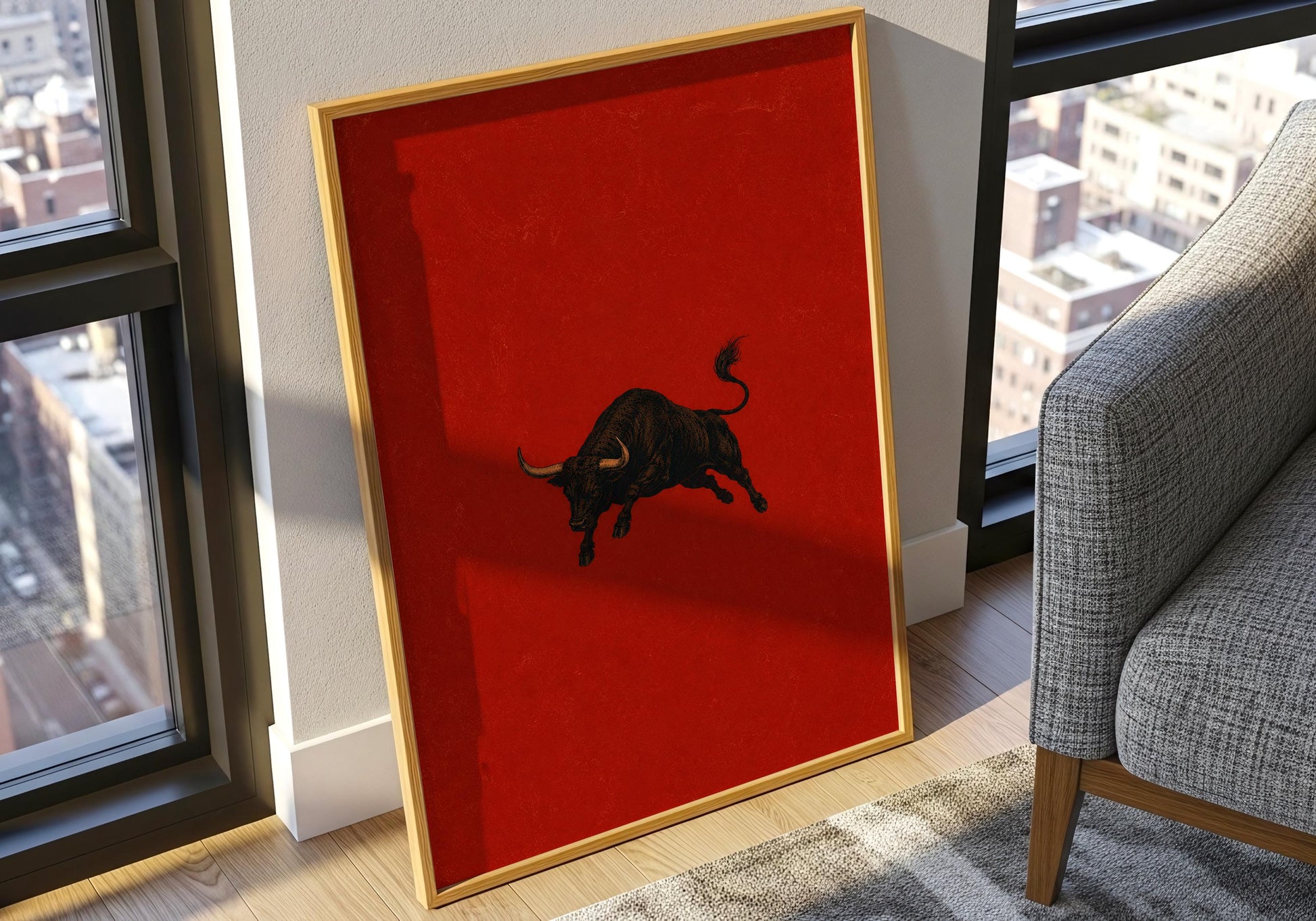 Minimalist Spanish bull artwork with dramatic crimson backdrop