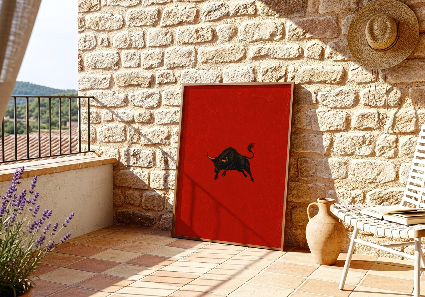 Statement Spanish wall art featuring a powerful black bull silhouette