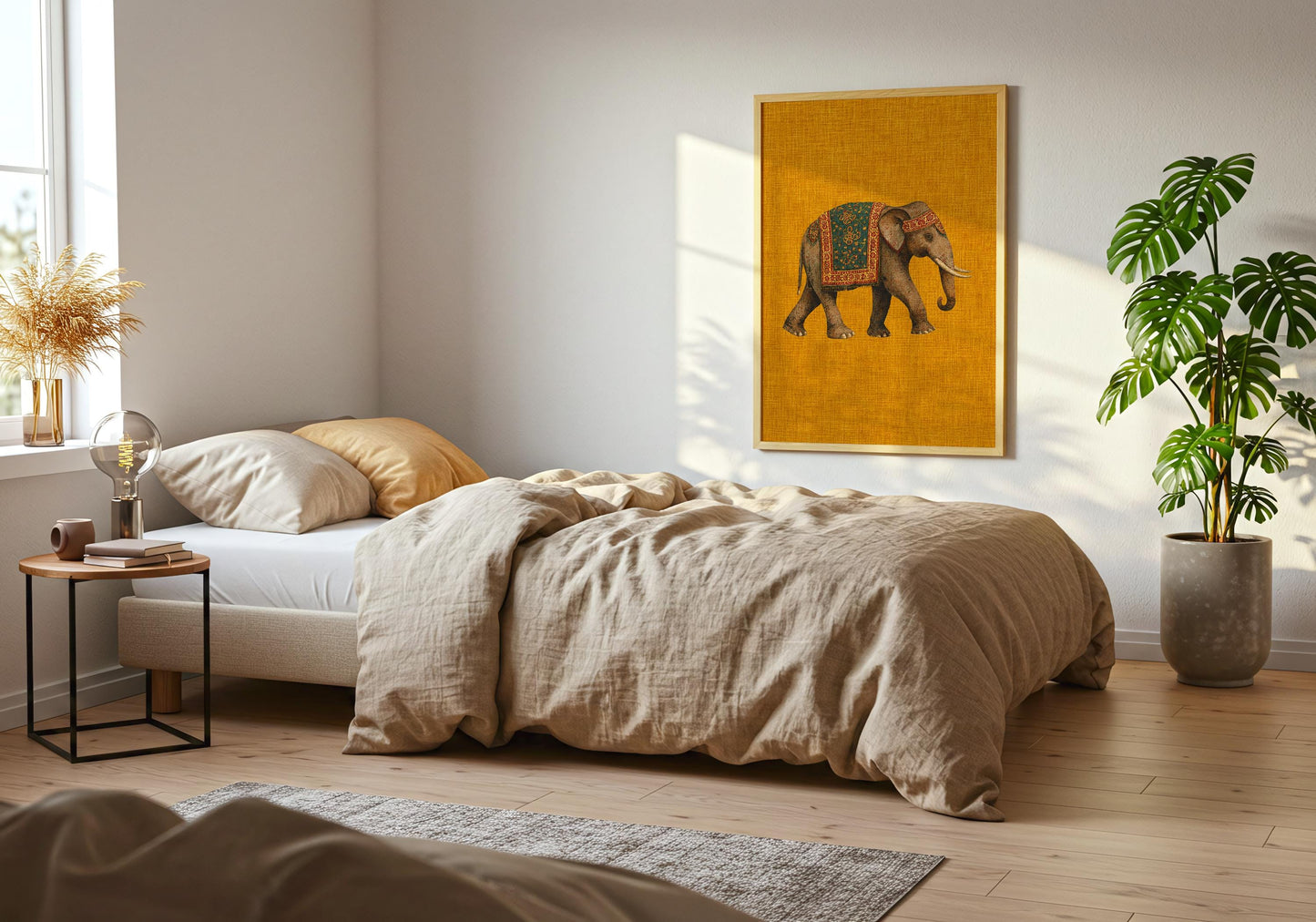 Vintage Indian decor featuring a decorated elephant illustration