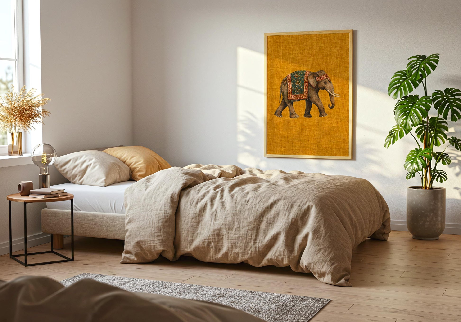 Vintage Indian decor featuring a decorated elephant illustration