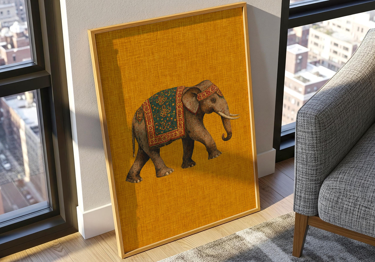 Mustard yellow elephant print inspired by traditional Rajasthan design