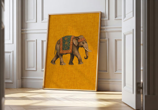 Traditional Indian elephant wall art with ornate ceremonial textiles
