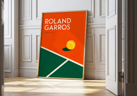 Roland Garros tennis poster featuring a minimalist clay court design and bright yellow tennis ball.