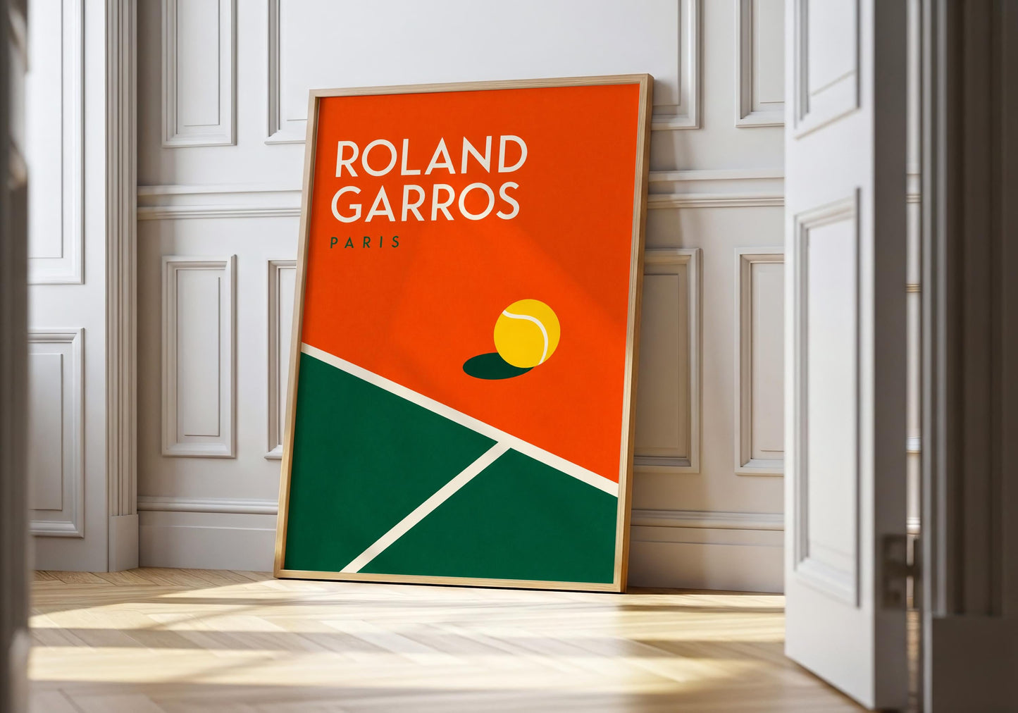 Roland Garros tennis poster featuring a minimalist clay court design and bright yellow tennis ball.