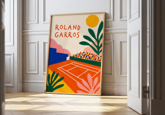 Colourful Roland Garros Paris travel poster featuring a clay tennis court and vibrant botanical elements.