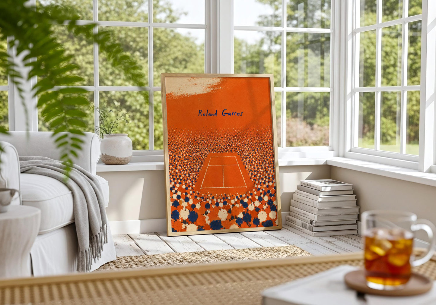Roland Garros poster showcasing centre court and spectators in a contemporary artistic style.