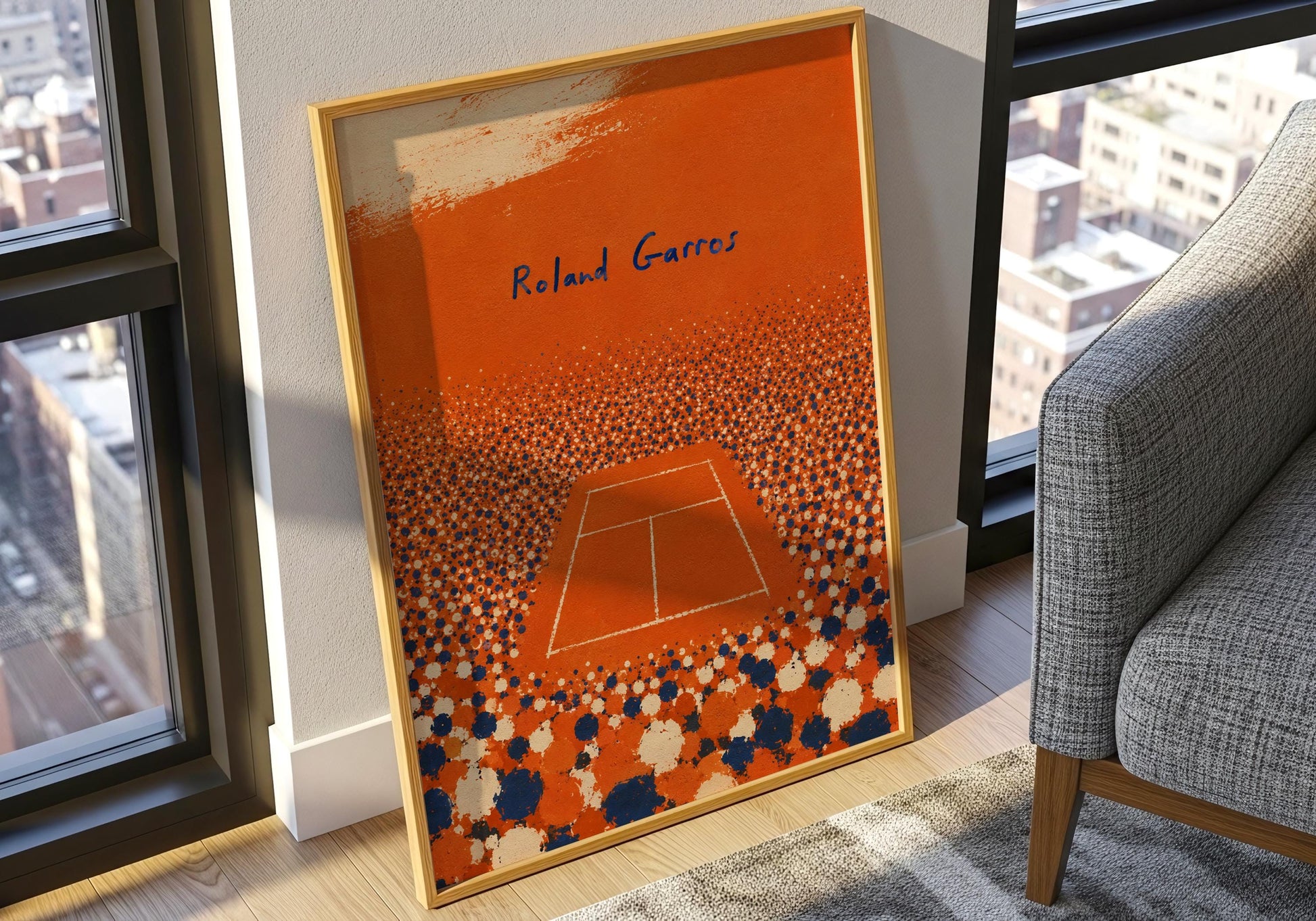 French Open inspired tennis artwork with bold orange clay-court colours and abstract crowd design.