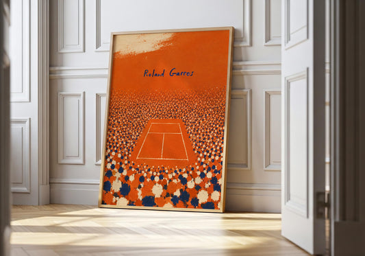 Roland Garros stadium print featuring a clay tennis court surrounded by a vibrant tournament crowd.