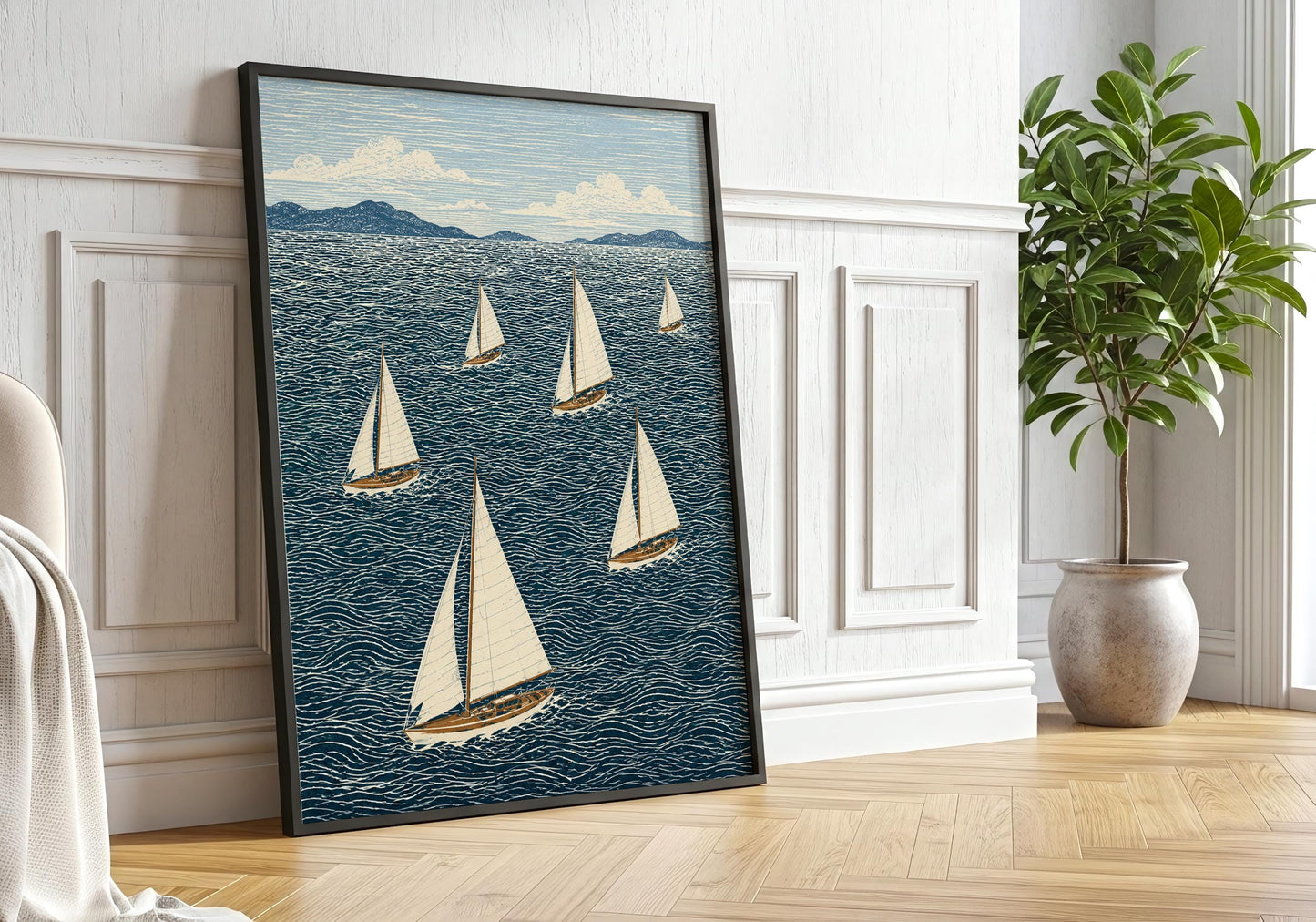Nautical wall art featuring sailboats on deep blue sea