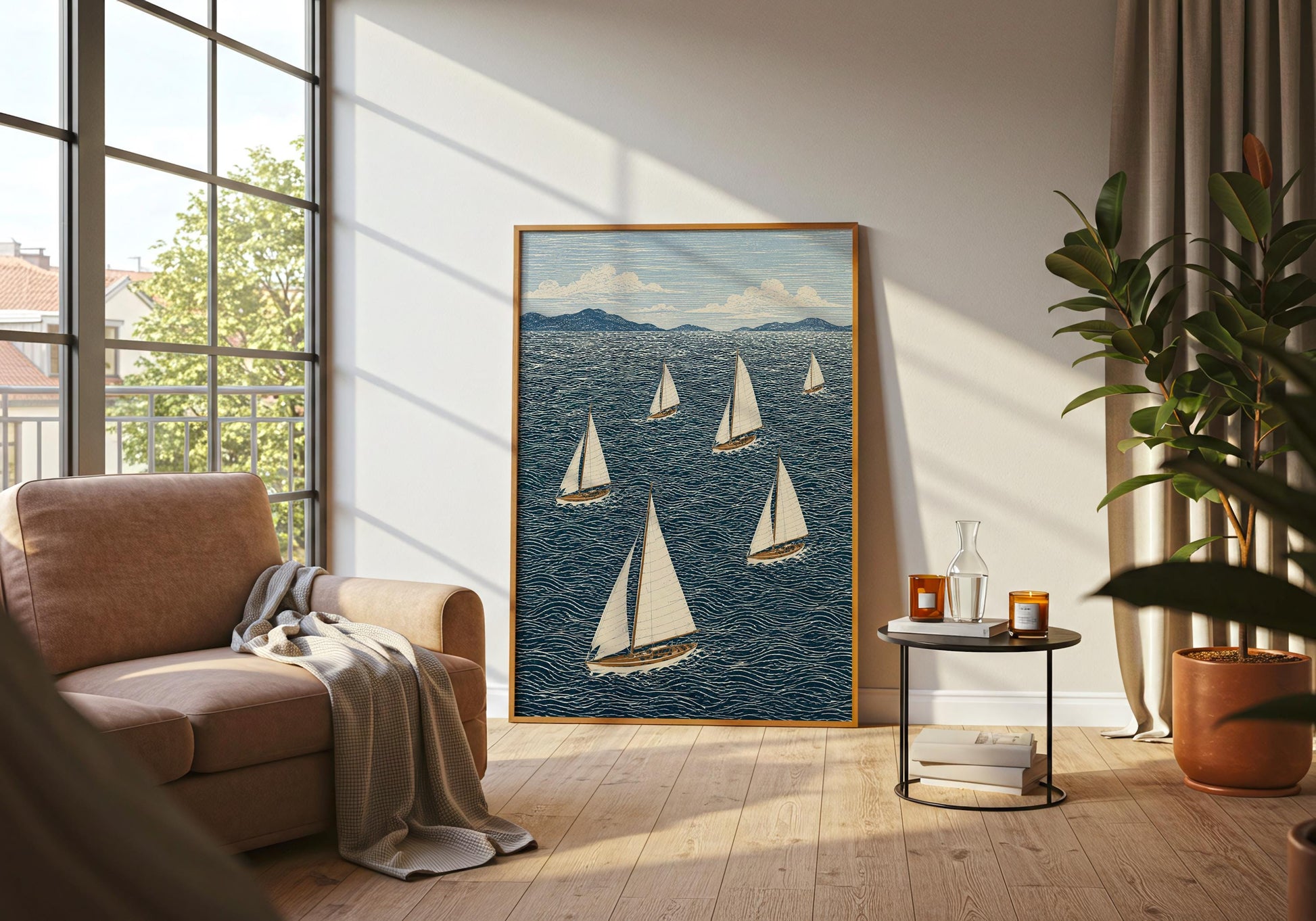 Coastal artwork with sailing yachts and ocean landscape