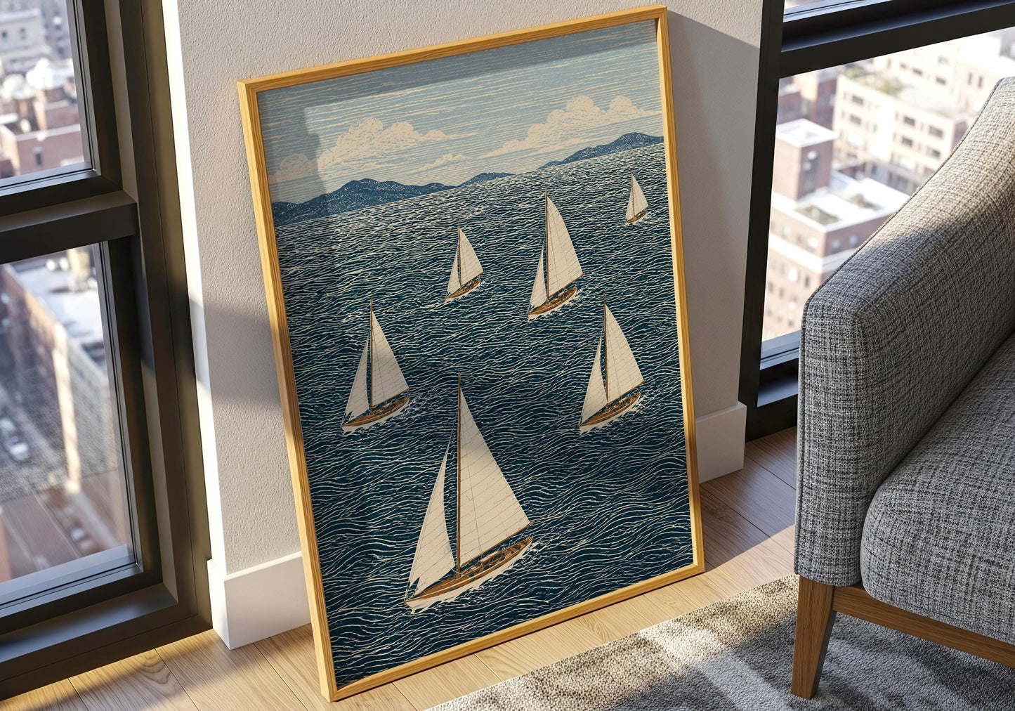 Seascape print featuring sailboats gliding across waves
