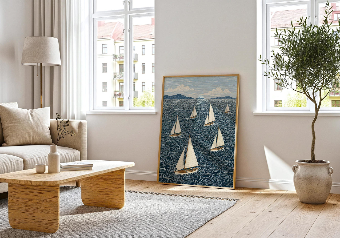 Coastal living room artwork with navy blue ocean scene