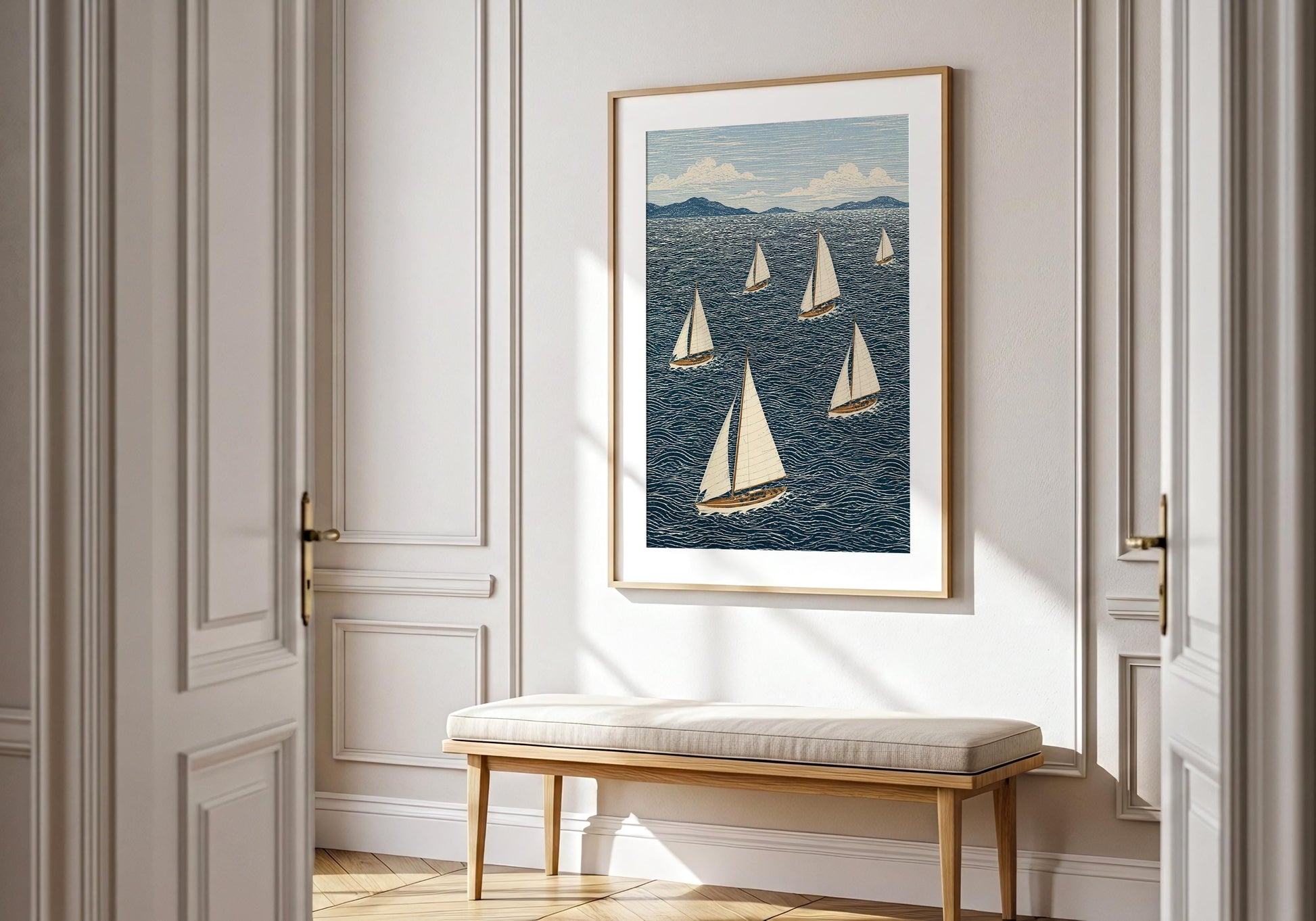 Hamptons style wall art with elegant sailboat composition