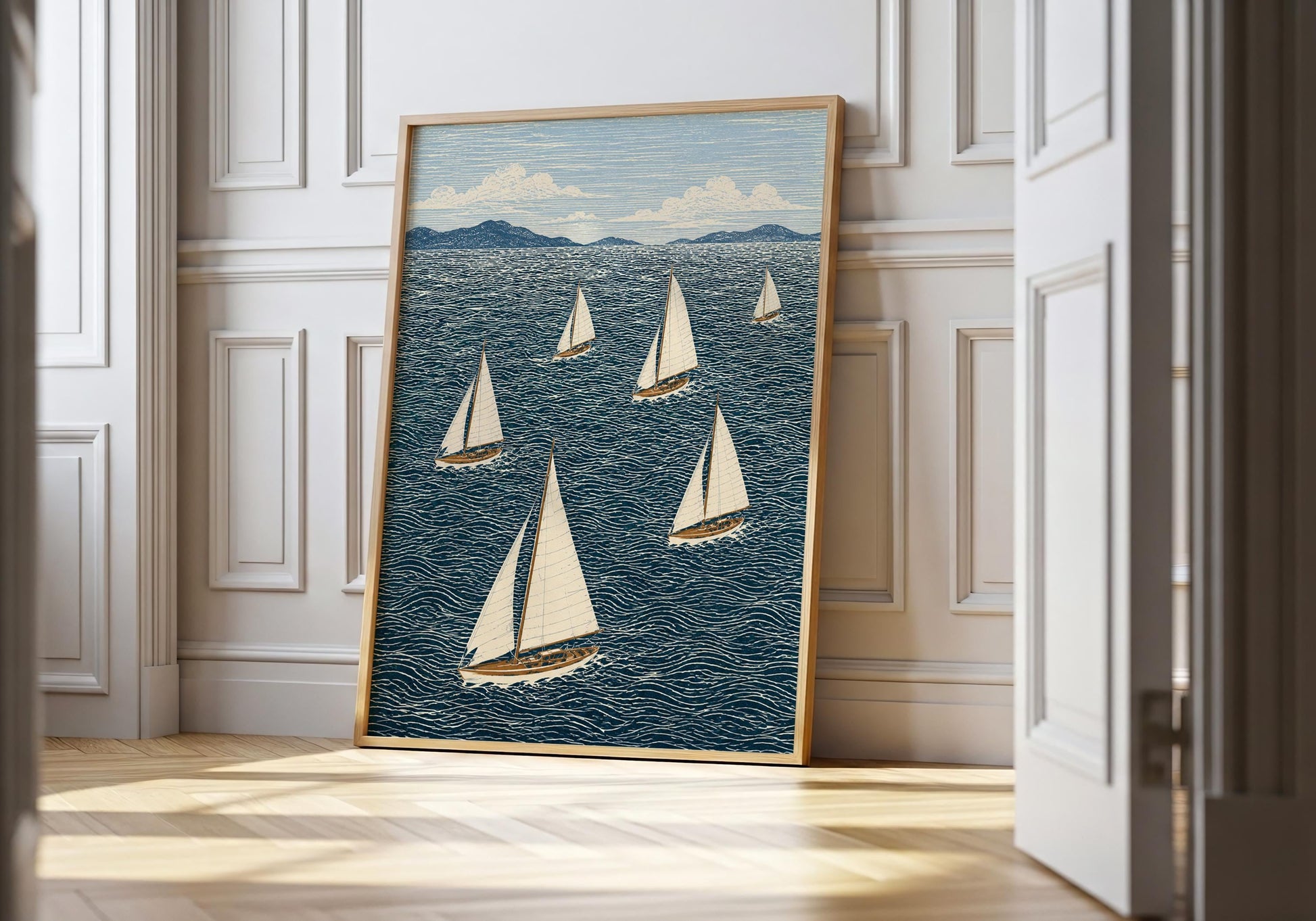 Sailing boats print with textured ocean waves and coastal horizon