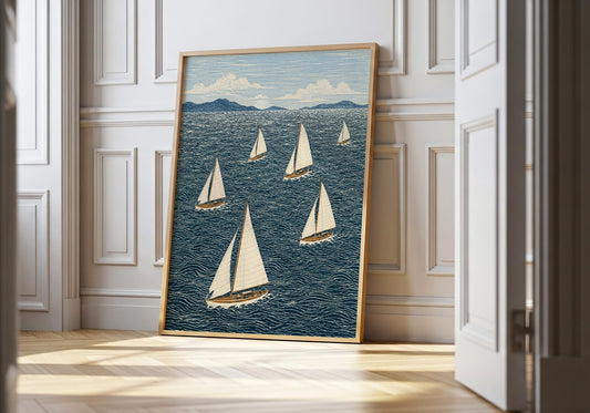 Sailing boats print with textured ocean waves and coastal horizon