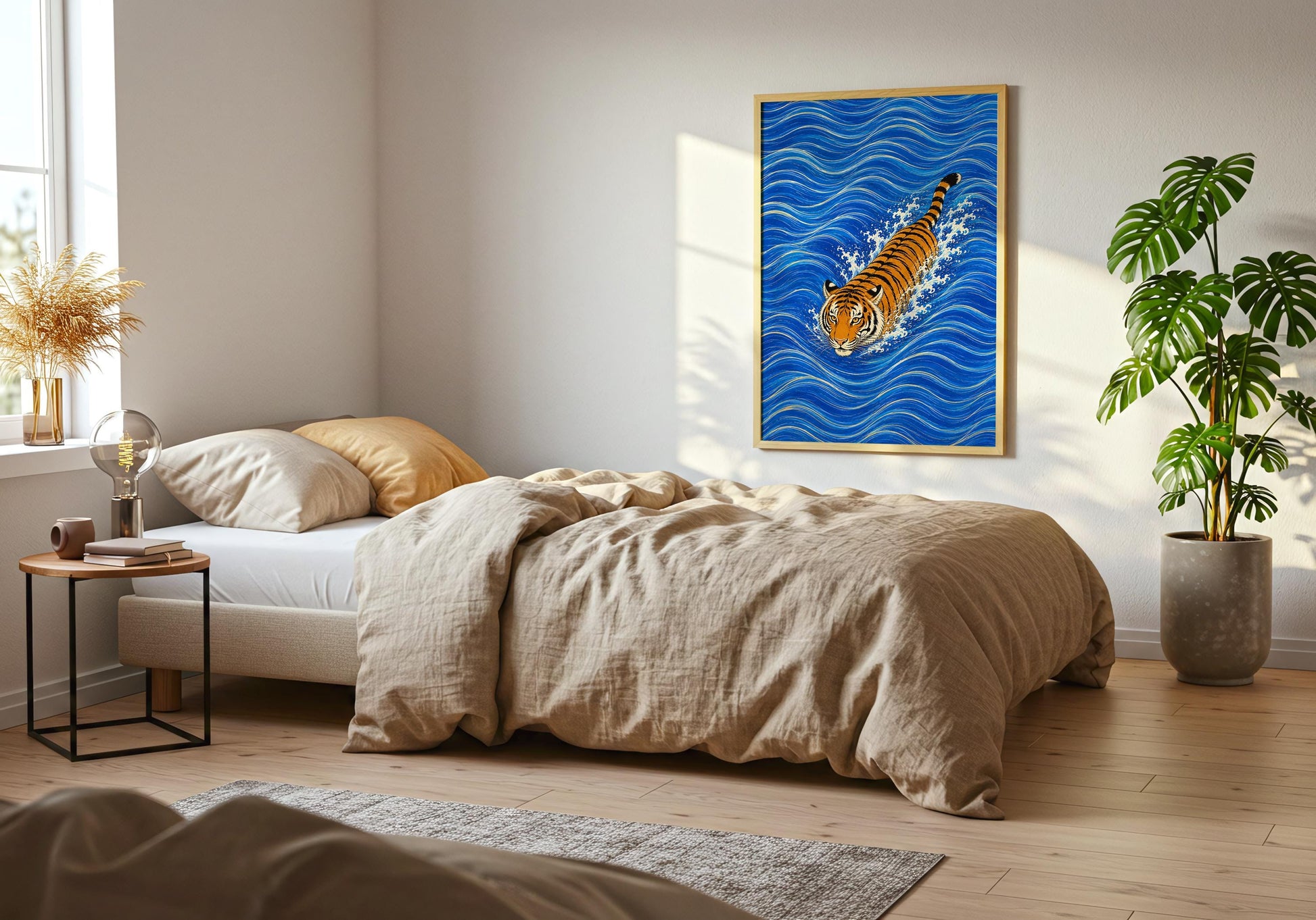 Blue and orange tiger print for contemporary interiors