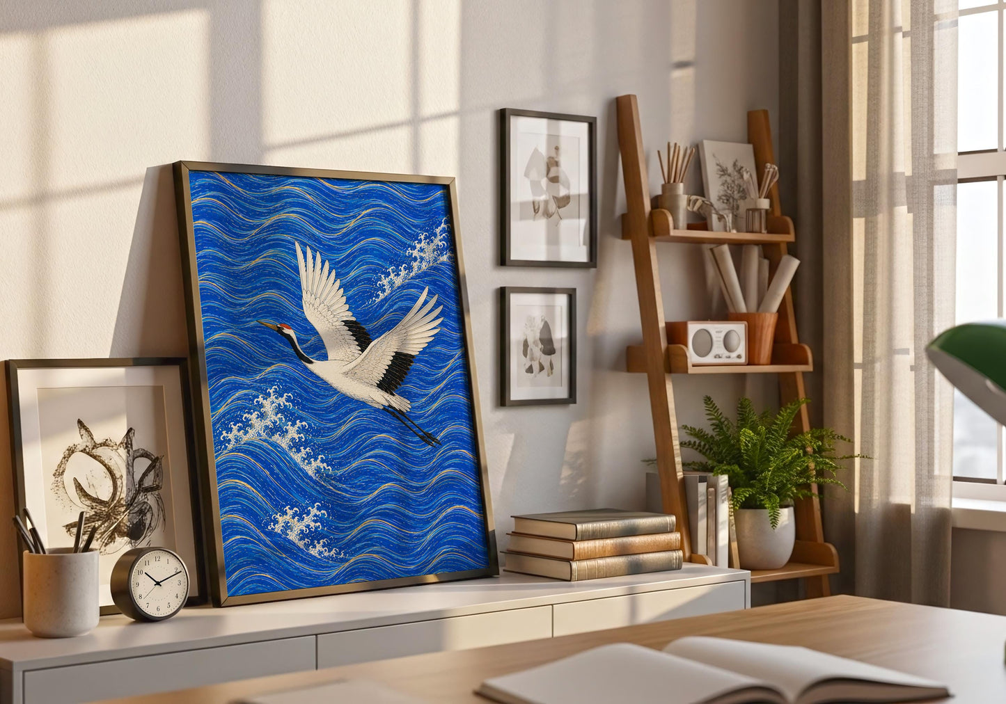 Flying crane wall art inspired by traditional Japanese design