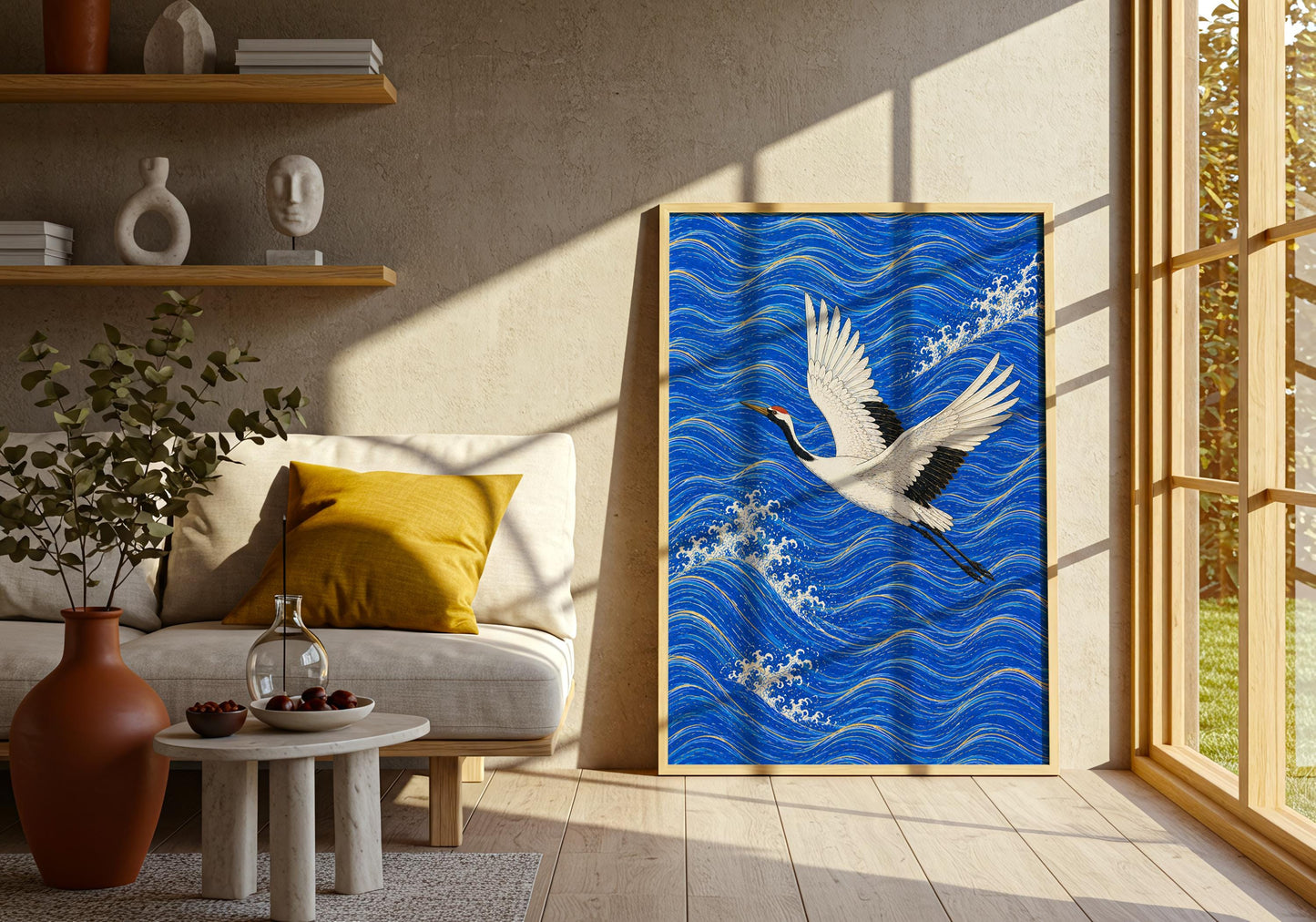 Contemporary crane artwork with rich cobalt blue background