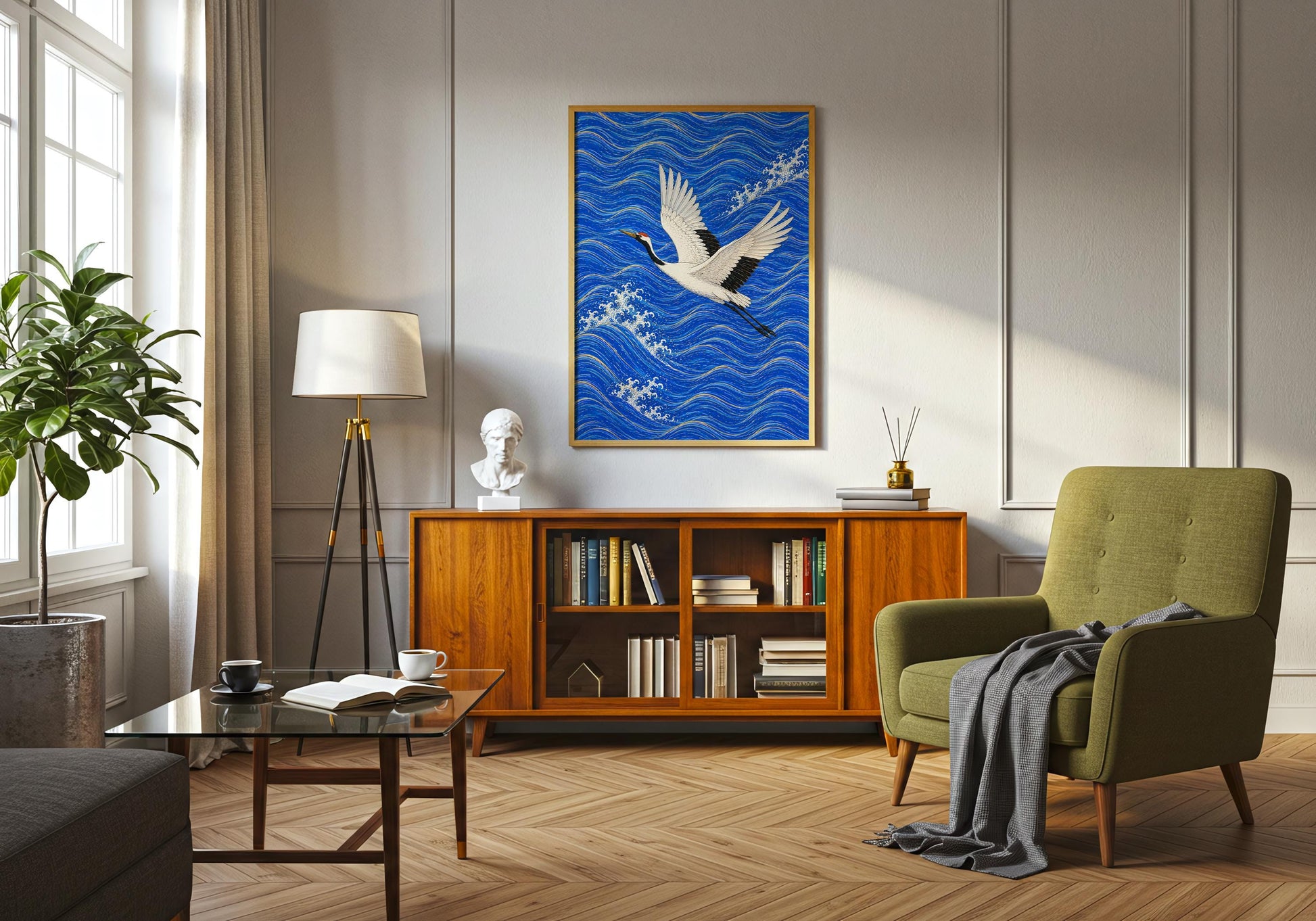 Statement wall art featuring graceful crane in flight