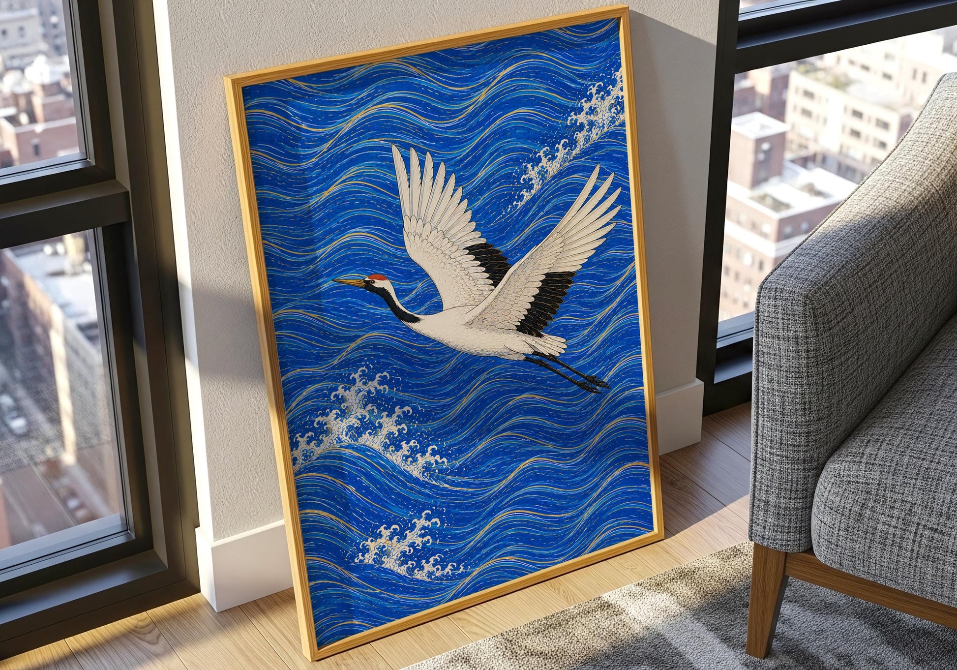Blue and white crane artwork for Japandi home decor
