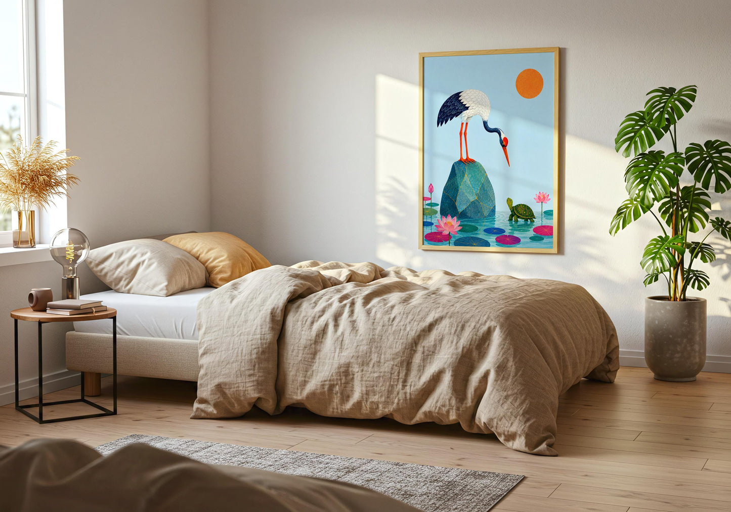 Minimalist Japanese style print featuring crane and turtle