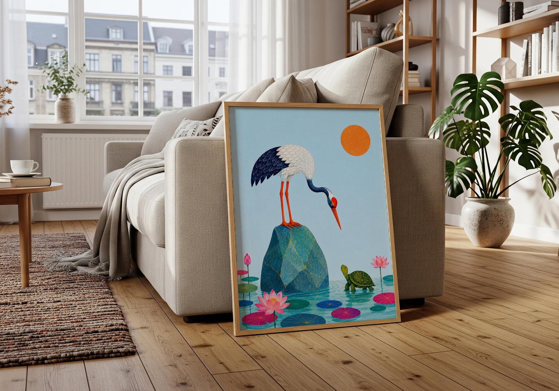 Crane and turtle artwork symbolizing longevity and wisdom