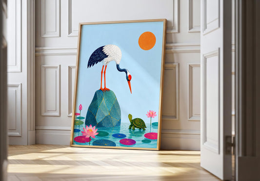 Japanese inspired crane and turtle wall art with lotus pond