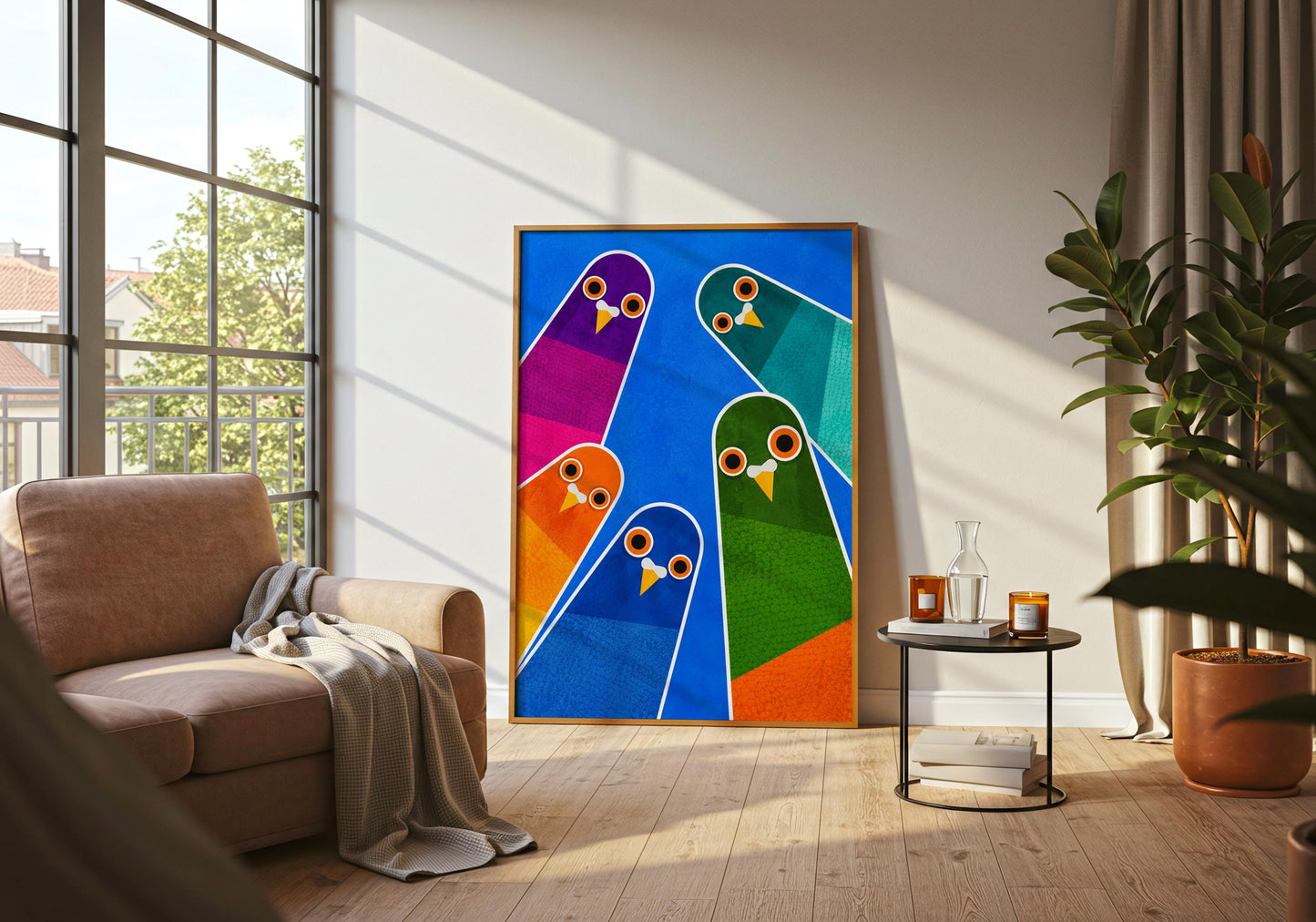 Retro pop art poster with playful geometric pigeon design