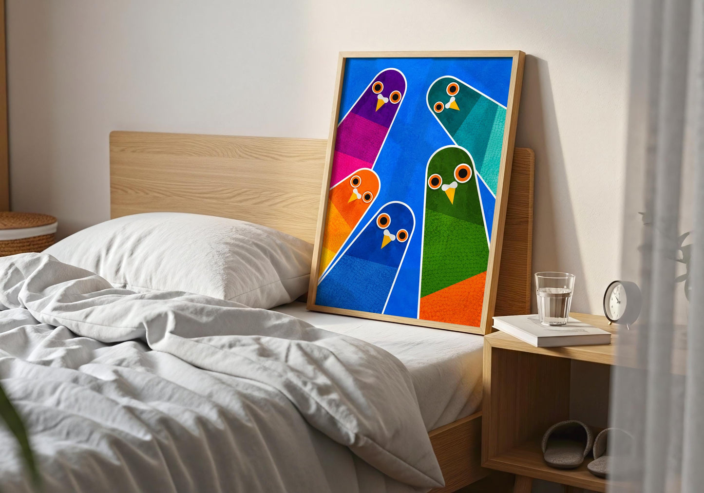 Colourful statement wall art featuring stylized pigeons