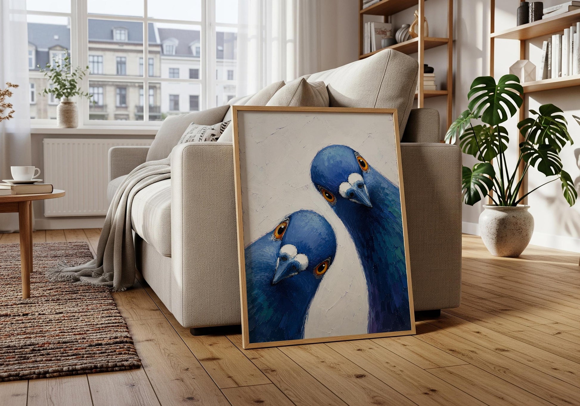 Wildlife artwork showing two inquisitive pigeons