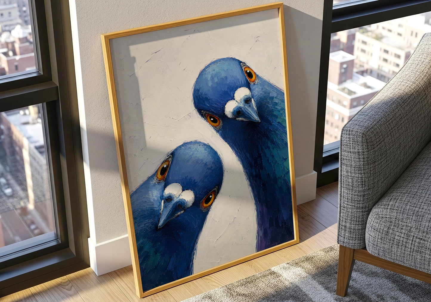 Funny bird print with expressive orange eyes